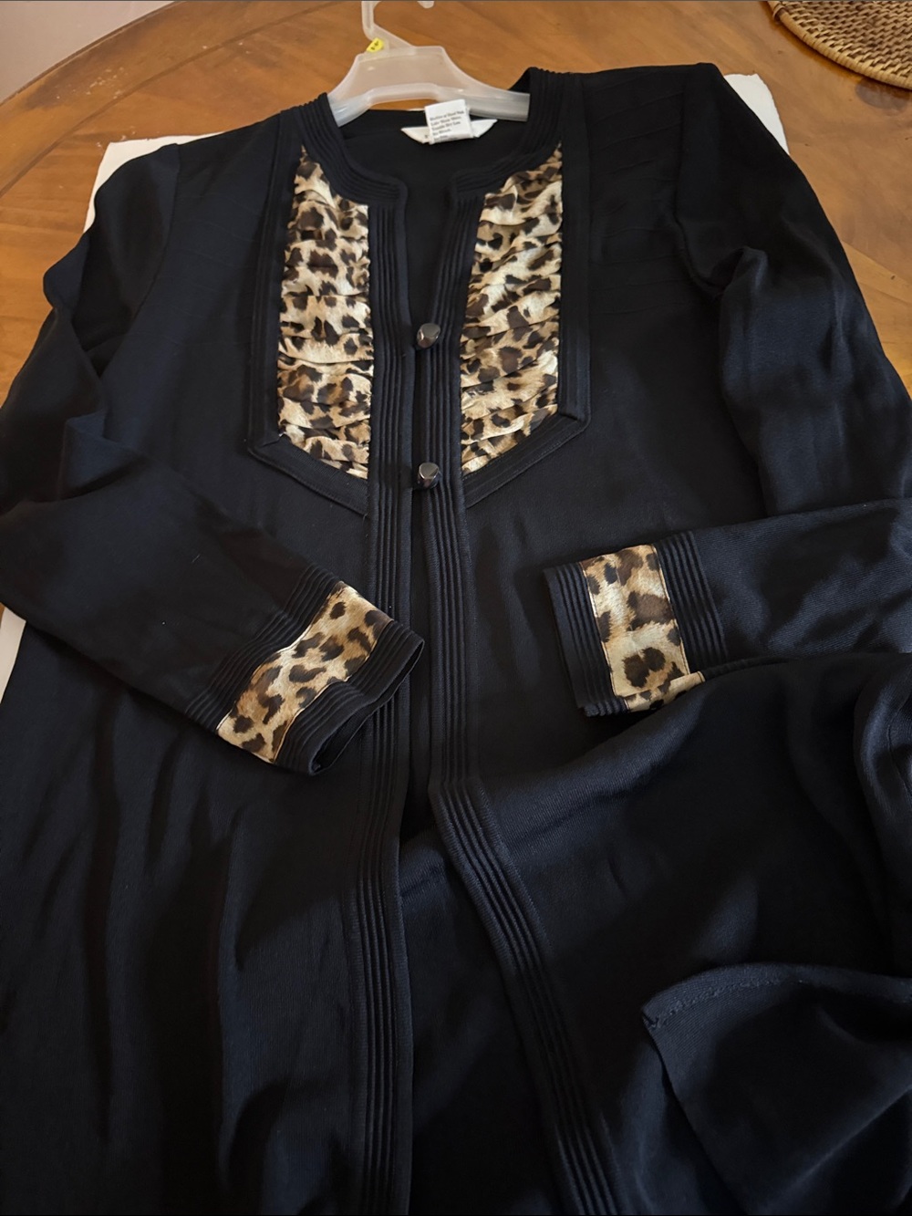 Misook Black Long Sleeve cardigan sweater with Leopard Trim